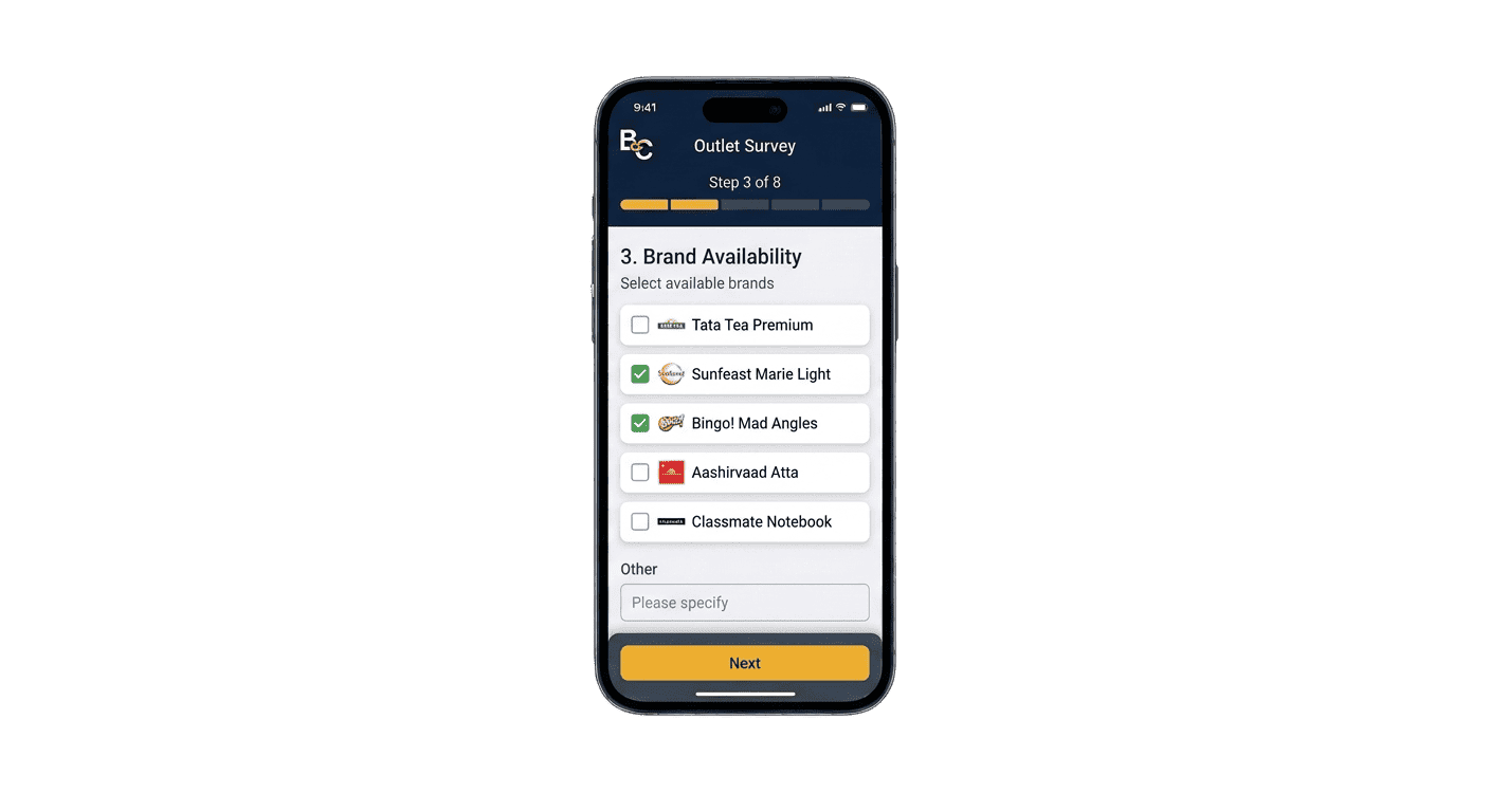BrijCode FMCG outlet survey screen