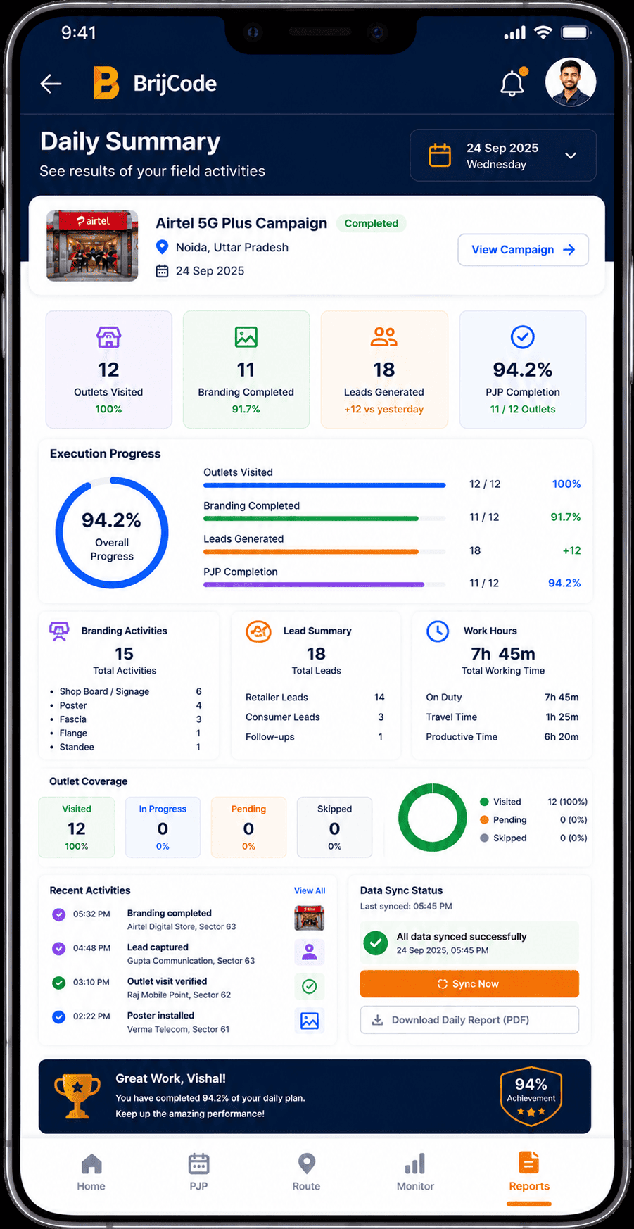 Telecom app daily summary and campaign results screen