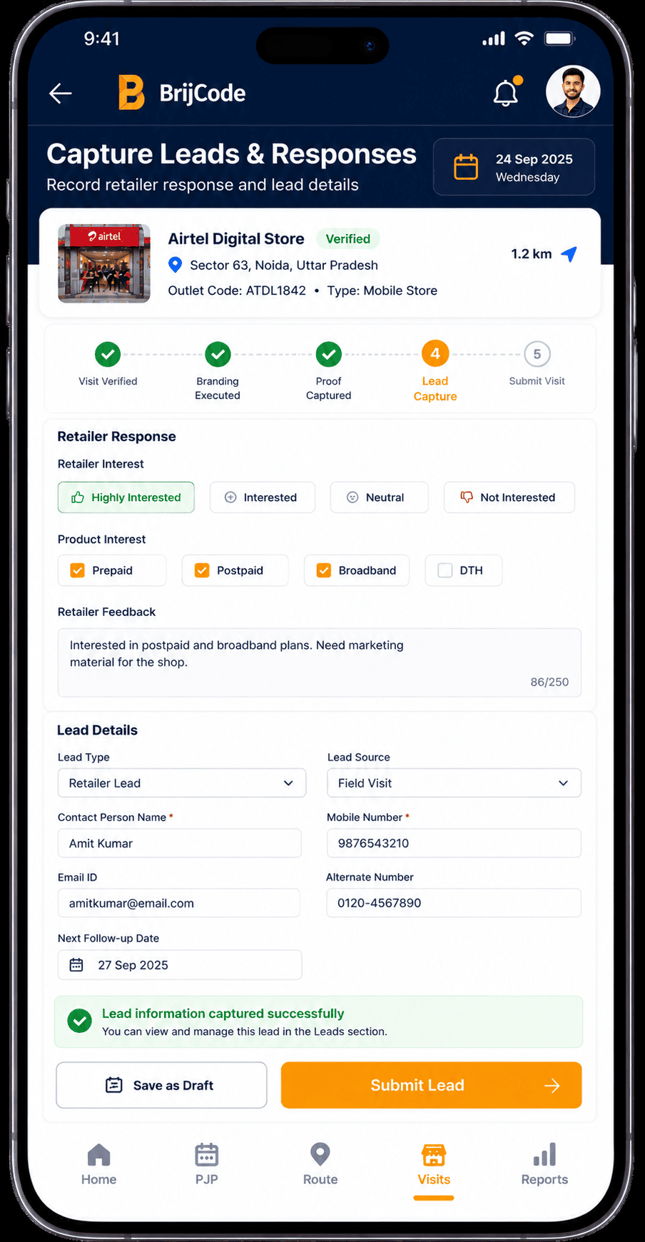 Telecom app lead capture screen