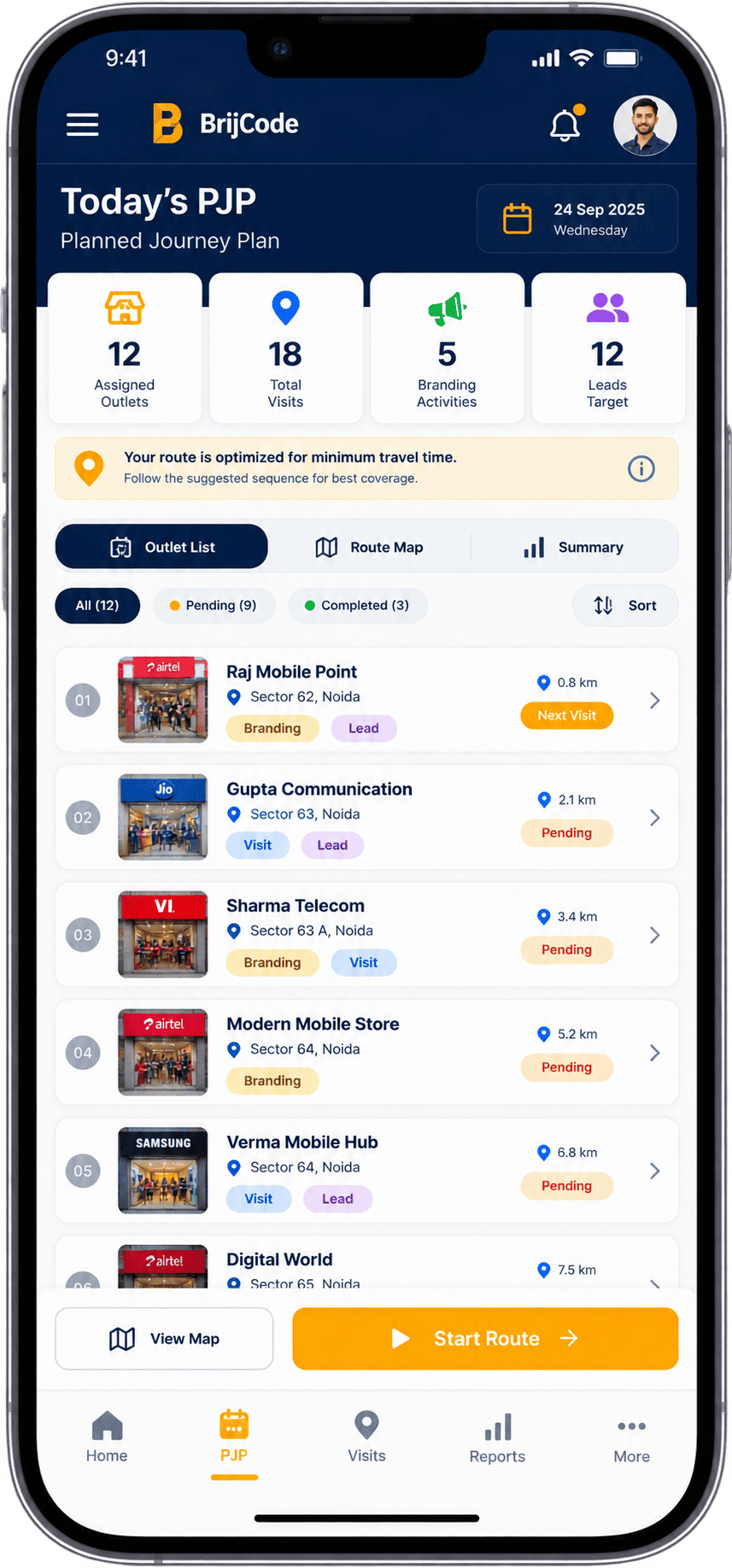 Telecom app daily PJP planning screen
