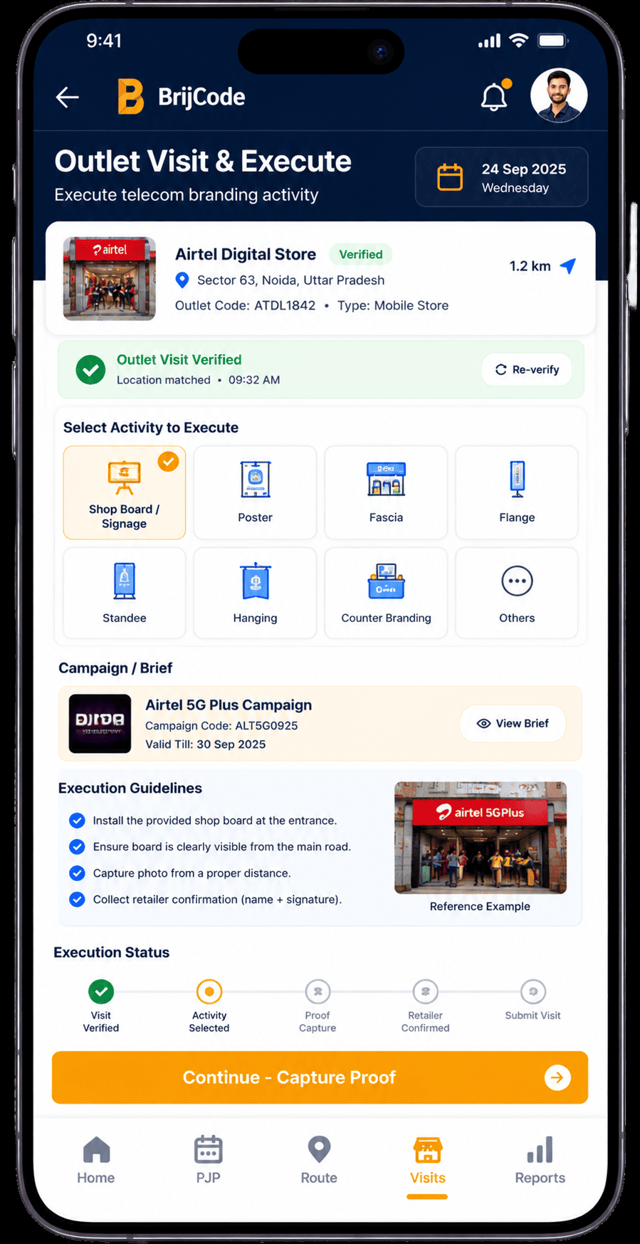 Telecom app outlet visit and branding execution screen